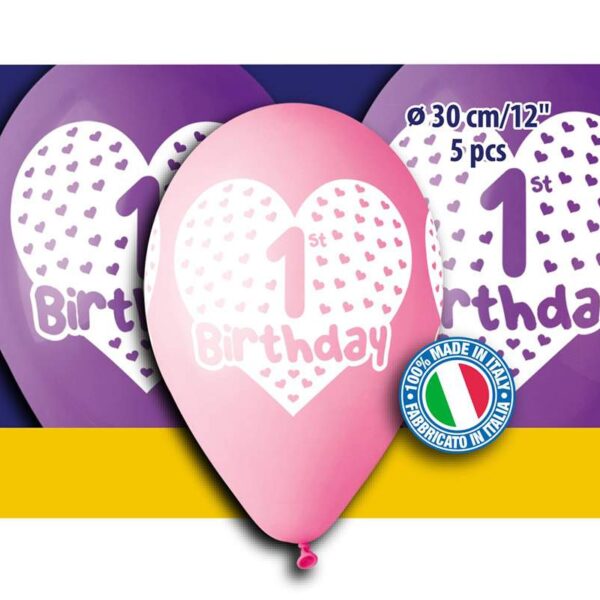 12" Μπαλόνια πρώτα γενέθλια κοριτσάκι (5 τεμ)