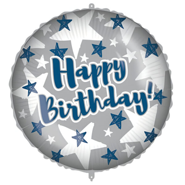 18'' Μπαλόνι Happy Birthday με Αστέρια ασημί/μπλε